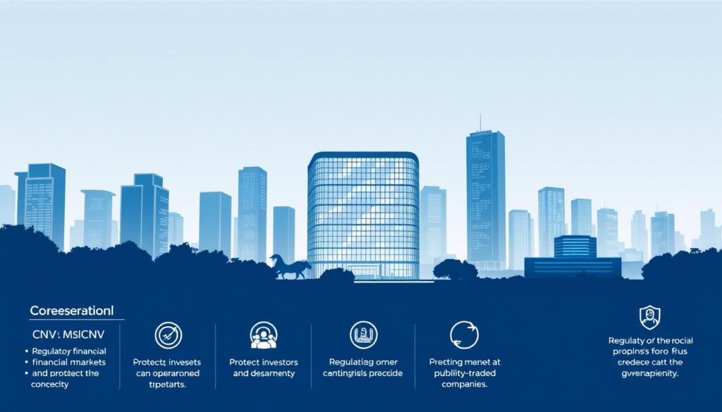 A detailed, technical illustration of the essential functions of the National Securities Commission (CNV) in a clean, professional style. The foreground depicts the core responsibilities of the CNV - regulating financial markets, protecting investors, and promoting transparency. The middle ground shows a corporate office building, symbolizing the oversight and governance of publicly traded companies. The background features a cityscape with modern skyscrapers, conveying the broad economic impact of the CNV's activities. The lighting is bright and even, with a cool color palette to establish a sense of authority and reliability. The perspective is slightly elevated, giving the image an air of importance and significance.