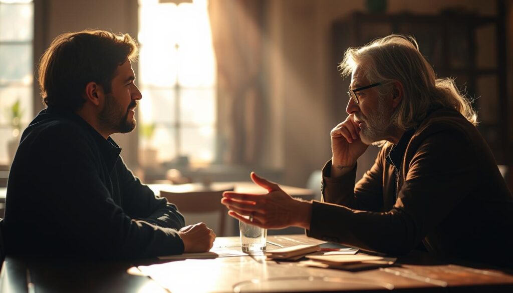 A dynamic conversation between two individuals seated at a table, engaged in a thoughtful and genuine dialogue. The scene is illuminated by warm, natural lighting, casting a soft glow on their faces as they lean in, intent on understanding each other's perspectives. The background is blurred, allowing the viewer to focus on the interaction, which conveys a sense of openness, empathy, and a shared desire to find common ground. The overall atmosphere is one of respectful and constructive exchange, reflecting the principles of Nonviolent Communication.