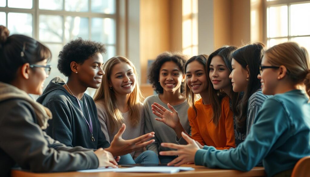 A group of diverse adolescents gathered in a warm, softly lit classroom. Their expressions convey empathy and understanding as they engage in a group discussion, leaning in towards each other, hands gesturing thoughtfully. The scene has a sense of intimacy and connection, with natural lighting filtering through large windows, casting a gentle glow on their faces. The background is blurred, focusing the viewer's attention on the teenagers' interaction and emotional engagement. The overall mood is one of open, constructive dialogue and mutual care. A group of diverse adolescents gathered in a warm, softly lit classroom. Their expressions convey empathy and understanding as they engage in a group discussion, leaning in towards each other, hands gesturing thoughtfully. The scene has a sense of intimacy and connection, with natural lighting filtering through large windows, casting a gentle glow on their faces. The background is blurred, focusing the viewer's attention on the teenagers' interaction and emotional engagement. The overall mood is one of open, constructive dialogue and mutual care.