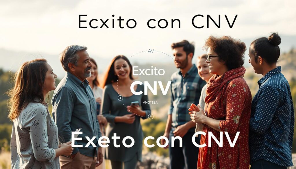 A harmonious composition depicting "Éxito con CNV". In the foreground, a group of diverse individuals engaged in animated conversation, their body language and facial expressions conveying a sense of understanding and connection. In the middle ground, an abstract representation of the principles of Nonviolent Communication - empathy, compassion, and active listening. The background features a serene, natural landscape, suggesting the calming and restorative power of this approach. The lighting is soft and diffused, creating a warm, inviting atmosphere. The overall scene evokes a feeling of collaborative success, a testament to the transformative potential of Nonviolent Communication. A harmonious composition depicting "Éxito con CNV". In the foreground, a group of diverse individuals engaged in animated conversation, their body language and facial expressions conveying a sense of understanding and connection. In the middle ground, an abstract representation of the principles of Nonviolent Communication - empathy, compassion, and active listening. The background features a serene, natural landscape, suggesting the calming and restorative power of this approach. The lighting is soft and diffused, creating a warm, inviting atmosphere. The overall scene evokes a feeling of collaborative success, a testament to the transformative potential of Nonviolent Communication.