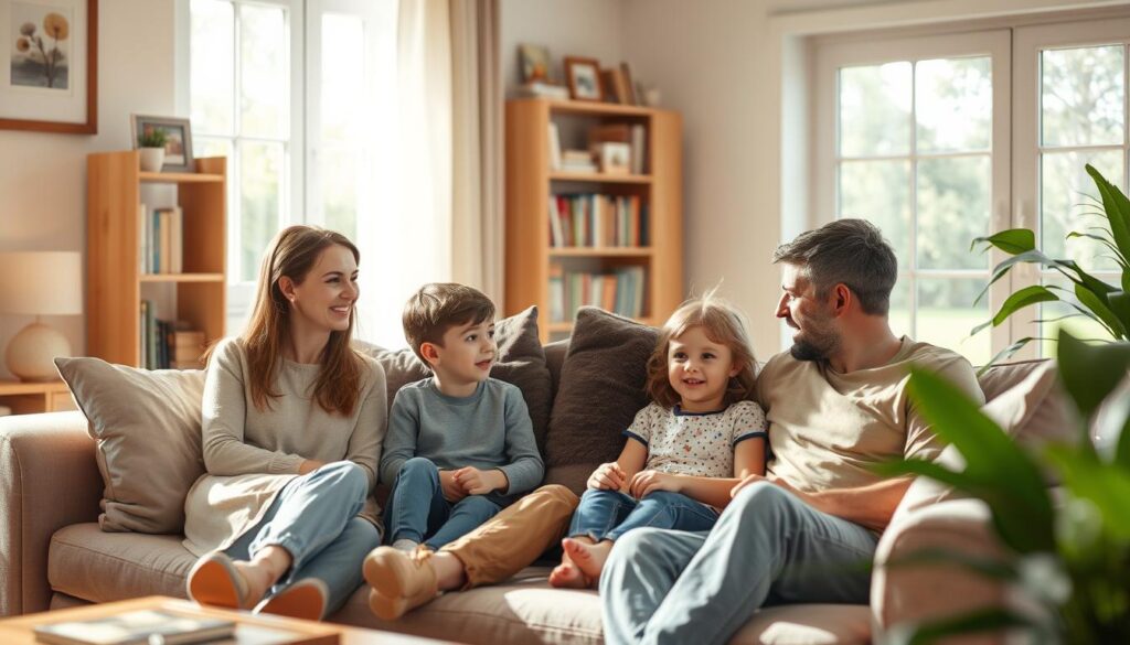 A loving family in a warm, inviting home setting, engaged in a thoughtful discussion about nonviolent communication. In the foreground, a mother, father, and their two children sit together on a plush sofa, their faces filled with empathy and understanding. Soft, natural lighting filters in through large windows, creating a cozy, comfortable atmosphere. In the middle ground, bookshelves and framed artwork adorn the walls, hinting at the family's intellectual and artistic interests. In the background, a tranquil garden scene can be glimpsed, suggesting a sense of harmony and connection with the natural world. The overall mood is one of trust, openness, and a shared commitment to constructive dialogue.