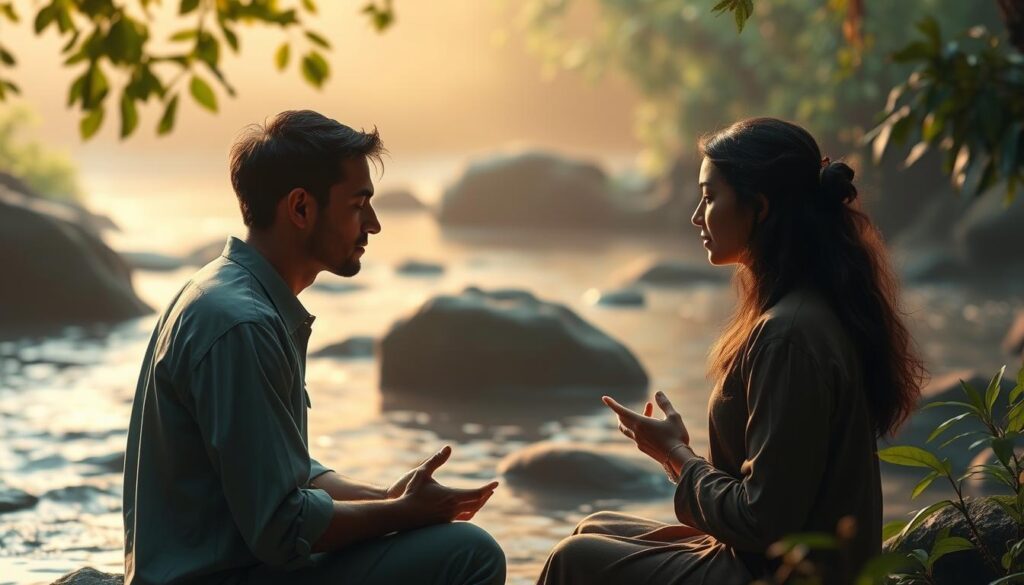 A peaceful and harmonious scene depicting the concept of "Comunicación NoViolenta". In the foreground, two people engaged in thoughtful dialogue, their body language open and receptive. The middle ground features calming natural elements like flowing water and lush foliage, conveying a sense of tranquility. The background is softly lit, with warm hues creating an intimate, meditative atmosphere. The overall composition radiates a spirit of empathy, understanding, and the resolution of conflict through nonviolent communication.