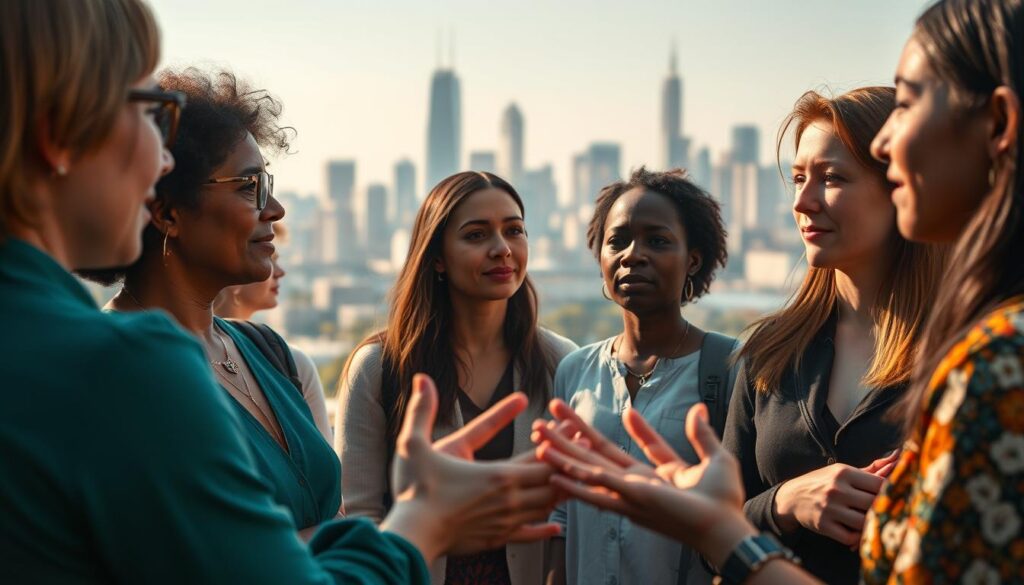 A peaceful gathering of diverse individuals engaged in open and thoughtful discussion, set against a backdrop of a serene city skyline. Soft natural lighting illuminates their faces, reflecting an atmosphere of respectful dialogue and collaborative exploration of complex social issues. The figures in the foreground are gesturing with their hands, embodying the principles of Nonviolent Communication, while in the middle ground, a group listens intently, their expressions contemplative. In the distance, the cityscape conveys a sense of progress and modernity, hinting at the broader societal context in which these important feminist and nonviolent conversations take place.