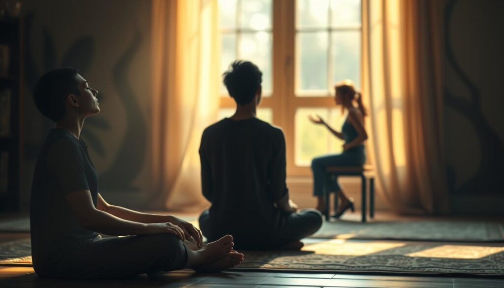 A peaceful, serene scene depicting the importance of active listening. In the foreground, a person sits cross-legged, eyes closed, hands gently resting on their lap, conveying a sense of deep contemplation and focus. The middle ground features two figures facing each other, one leaning in attentively, the other speaking with gestures, illustrating the dynamic exchange of ideas. The background is softly blurred, creating a sense of tranquility and emphasizing the connection between the figures. Warm, natural lighting filters through a window, casting a gentle glow and inviting the viewer to engage in the moment. The overall atmosphere is one of genuine understanding, empathy, and the transformative power of active listening.