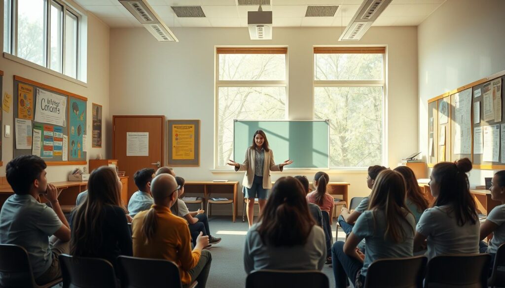 A peaceful, well-lit classroom setting. In the foreground, a group of students sitting in a circle, engaged in discussion. Their expressions are thoughtful and attentive. In the middle ground, the teacher stands, guiding the conversation with open, welcoming gestures. The classroom walls are adorned with colorful, informative posters, creating an atmosphere of learning and collaboration. Soft, natural lighting filters in through large windows, casting a warm glow over the scene. The overall mood is one of intellectual curiosity, empathy, and constructive dialogue - the key elements of Nonviolent Communication strategies in the classroom.