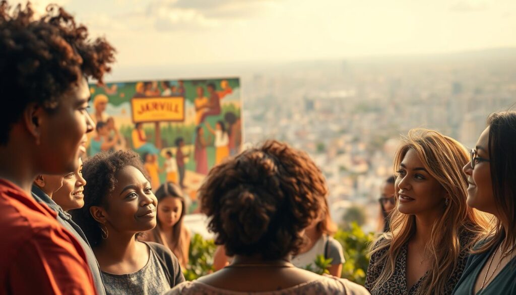 A serene, contemplative scene depicting nonviolent communication as a powerful tool for social transformation. In the foreground, a diverse group of people engaged in thoughtful dialogue, their expressions calm and open. The middle ground features a vibrant mural depicting scenes of unity, empathy, and community-building. In the background, a cityscape gradually fades into the distance, suggesting the widespread impact of this transformative approach. Warm, diffused lighting bathes the scene, creating an atmosphere of understanding and possibility. The overall composition conveys the idea that nonviolent communication can be an invaluable catalyst for positive social change.