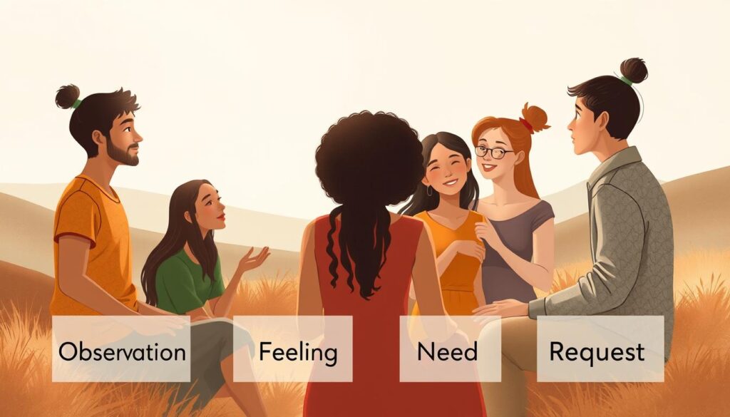 A serene, contemporary illustration depicting the four key components of Nonviolent Communication: Observation, Feeling, Need, and Request. The scene shows a group of diverse individuals engaged in a thoughtful dialogue, their expressions conveying empathy and understanding. The composition features a warm, earthy color palette with soft, diffused lighting, creating a calming, introspective atmosphere. The foreground showcases the four pillars of NVC, represented through symbolic icons or minimalist graphics. The middle ground depicts the interpersonal interactions, with figures gesturing and making eye contact. The background features a muted, abstract landscape, hinting at the broader context in which this communication takes place. The overall aesthetic blends simplicity, harmony, and a sense of emotional connection. A serene, contemporary illustration depicting the four key components of Nonviolent Communication: Observation, Feeling, Need, and Request. The scene shows a group of diverse individuals engaged in a thoughtful dialogue, their expressions conveying empathy and understanding. The composition features a warm, earthy color palette with soft, diffused lighting, creating a calming, introspective atmosphere. The foreground showcases the four pillars of NVC, represented through symbolic icons or minimalist graphics. The middle ground depicts the interpersonal interactions, with figures gesturing and making eye contact. The background features a muted, abstract landscape, hinting at the broader context in which this communication takes place. The overall aesthetic blends simplicity, harmony, and a sense of emotional connection.