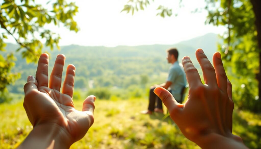 A serene, sun-lit scene depicting the principles of nonviolent communication. In the foreground, a pair of hands gesture gently, conveying empathy and understanding. The middle ground features two people sitting across from each other, engaged in a thoughtful dialogue, their expressions calm and open. In the background, a lush, verdant landscape provides a tranquil, natural setting, suggesting the harmony that can emerge through mindful, nonviolent interaction. Soft, diffused lighting bathes the scene, creating an atmosphere of introspection and connection. The overall composition reflects the power of mediation and nonviolent communication to address challenges and foster mutual respect.