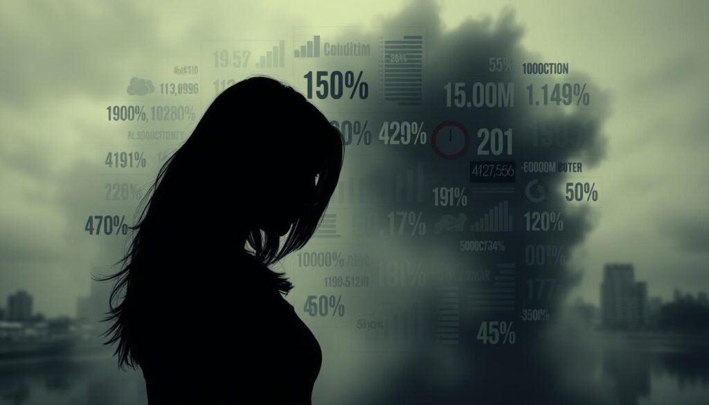 A somber, high-contrast portrait showing the statistics of gender-based violence. In the foreground, a silhouetted figure representing a victim, their face obscured by a shadow. Behind them, a collage of stark numerical data, charts, and graphs depicting the scale and prevalence of this issue. The middle ground is shrouded in a hazy, desaturated atmosphere, conveying a sense of somber gravity. In the background, a blurred cityscape, hinting at the broader social context. Dramatic lighting casts long, dramatic shadows, heightening the sense of weight and importance. The overall mood is one of urgency, seriousness, and a call to action.