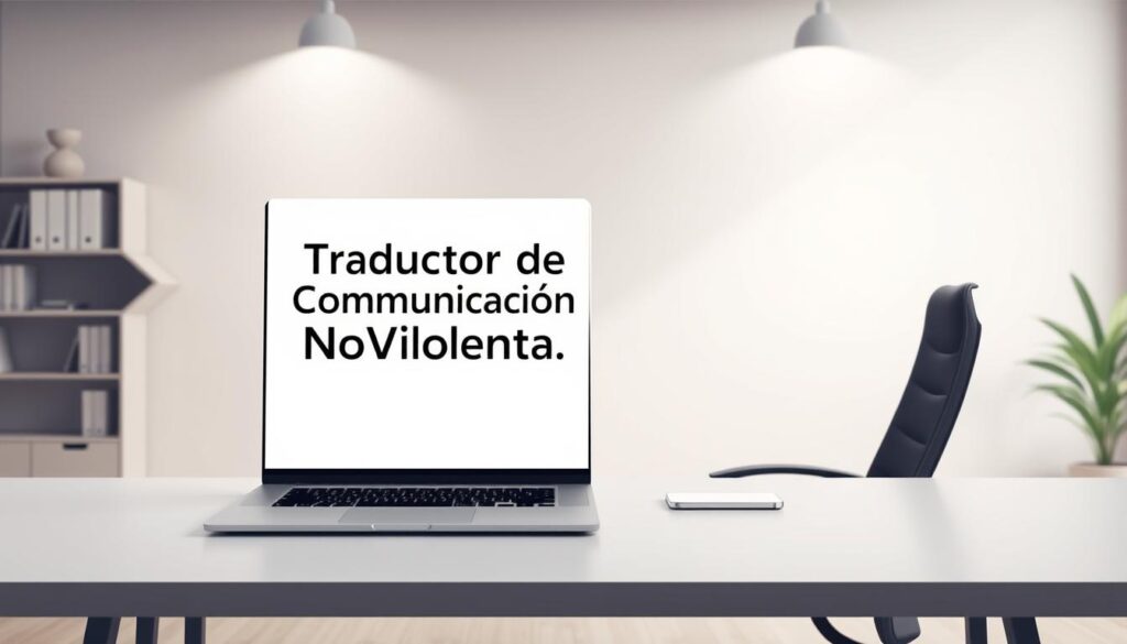 A sophisticated illustration depicting "Traductor De Comunicación NoViolenta" in a professional, informative manner. Set in a minimalist office environment, the foreground features a laptop screen displaying the Spanish text "Traductor De Comunicación NoViolenta" against a clean white backdrop. In the middle ground, an elegant, ergonomic desk with sleek, modern lines holds the laptop, along with a few carefully placed office supplies. The background showcases a calm, serene setting with muted tones, subtle lighting, and a sense of tranquility, conveying the non-violent, meditative nature of Nonviolent Communication. The overall composition is balanced, visually appealing, and effectively communicates the core concept of the article's subject matter.