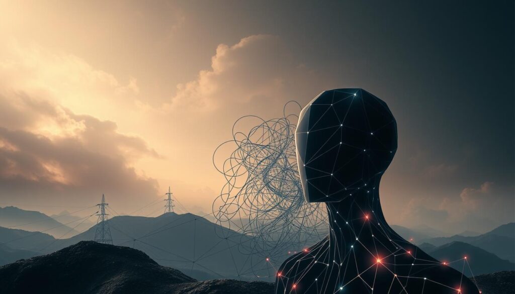 A surreal digital landscape depicting the ethical challenges of AI in communication. In the foreground, a faceless figure made of geometric shapes and glowing lines, representing the impersonal, algorithmically-driven nature of AI systems. In the middle ground, a tangle of tangled communication lines and data streams, symbolizing the complexity and potential pitfalls of AI-mediated interactions. In the background, a swirling, ethereal backdrop of muted colors and abstract forms, conveying the sense of uncertainty and uncharted territory surrounding the ethical implications of AI in communication. Dramatic side lighting casts dramatic shadows, heightening the sense of tension and unease. The overall mood is one of contemplation and unease, inviting the viewer to ponder the profound challenges at the intersection of AI and human communication. A surreal digital landscape depicting the ethical challenges of AI in communication. In the foreground, a faceless figure made of geometric shapes and glowing lines, representing the impersonal, algorithmically-driven nature of AI systems. In the middle ground, a tangle of tangled communication lines and data streams, symbolizing the complexity and potential pitfalls of AI-mediated interactions. In the background, a swirling, ethereal backdrop of muted colors and abstract forms, conveying the sense of uncertainty and uncharted territory surrounding the ethical implications of AI in communication. Dramatic side lighting casts dramatic shadows, heightening the sense of tension and unease. The overall mood is one of contemplation and unease, inviting the viewer to ponder the profound challenges at the intersection of AI and human communication.
