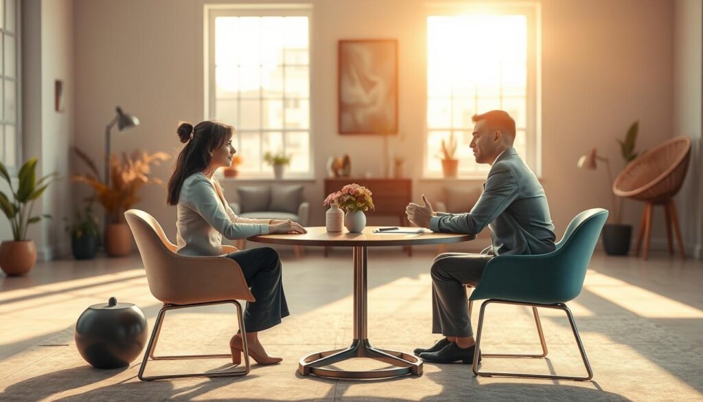A vibrant, dynamic scene of the mediation process. In the foreground, two people sitting across a table, engaged in a constructive dialogue, their body language conveying openness and understanding. The middle ground features a neutral, yet professional setting with subtle design elements that create a sense of tranquility and impartiality. In the background, a warm, natural lighting filters through large windows, casting a soft, welcoming glow over the proceedings. The overall atmosphere is one of collaboration, empathy, and a shared commitment to resolving differences through open communication and compromise.