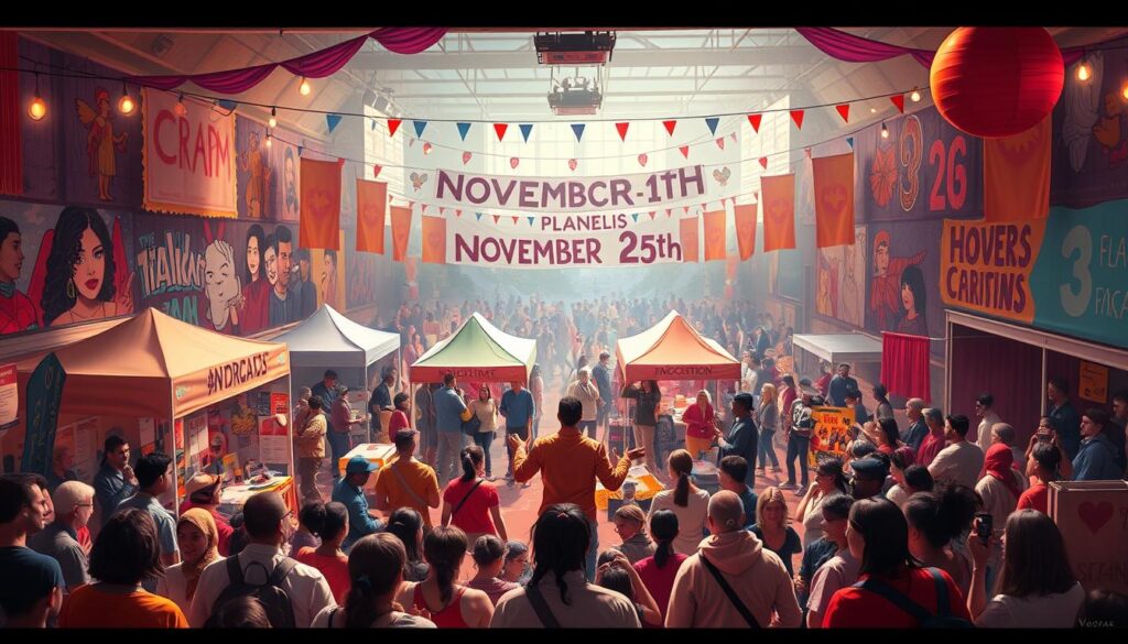 A vibrant, festive scene of planned activities for November 25th. In the foreground, a group of people gathered around a central stage, listening intently as a speaker addresses the crowd. In the middle ground, booths and tents are set up, offering educational displays, advocacy materials, and interactive demonstrations. The background is filled with lively murals, banners, and decorations in shades of red, orange, and purple, conveying a sense of solidarity and empowerment. The lighting is warm and inviting, casting a soft glow over the entire scene. The overall mood is one of celebration, unity, and a commitment to raising awareness and driving change.