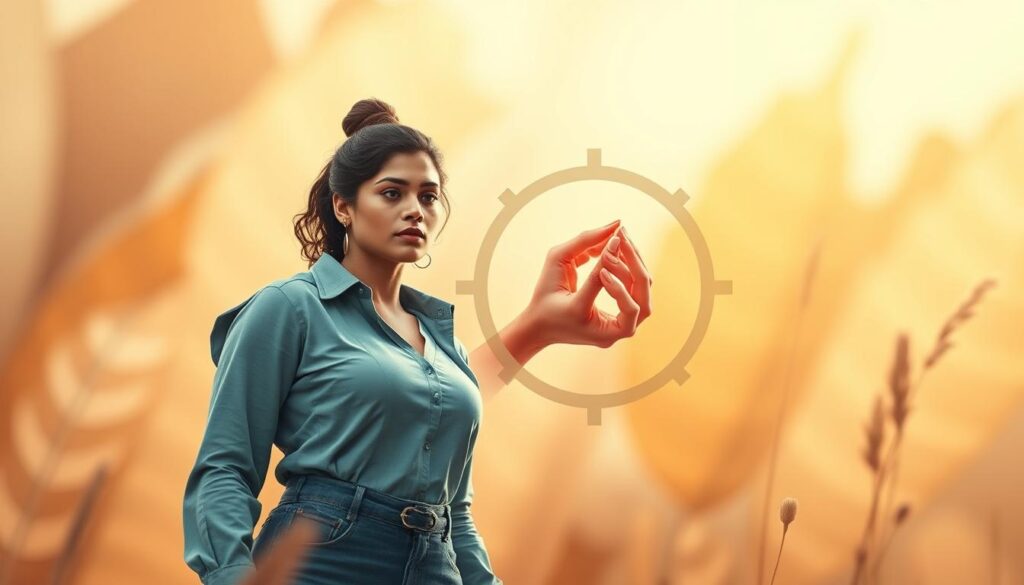A vibrant, intersection of feminism and nonviolent communication. In the foreground, a strong, empowered woman stands tall, her gaze resolute and her posture confident. Her clothing and accessories evoke a sense of modern, progressive femininity. In the middle ground, symbolic representations of nonviolent communication, such as interlocked hands or a dove, interact with the central figure, creating a sense of harmony and interconnectedness. The background features a warm, organic palette, with soft, blurred shapes and textures that suggest a peaceful, nurturing environment. The lighting is soft and diffused, creating a sense of tranquility and introspection. The overall composition conveys the powerful synergy between the principles of feminism and nonviolent communication.