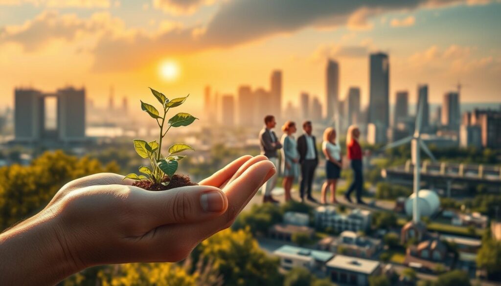 A vivid illustration of the connection between corporate social responsibility (CSR) and environmental, social, and governance (ESG) factors. In the foreground, a hand grasps a plant symbolizing sustainability, while the middle ground depicts a group of diverse individuals collaborating, representing the social aspect. In the background, a city skyline with clean energy infrastructure and green spaces conveys the environmental dimension. Warm, natural lighting illuminates the scene, creating a sense of harmony and progress. The composition emphasizes the interconnectedness of these crucial business considerations, delivering a powerful visual metaphor for the article's subject.