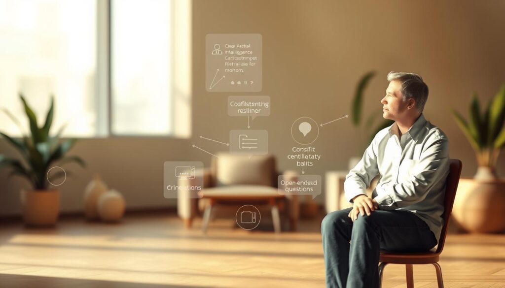A warm and inviting scene depicting the essential communication skills needed for an effective mediator. In the foreground, two figures engage in a thoughtful discussion, their body language and facial expressions conveying active listening and empathy. The middle ground features visual cues representing key communication abilities such as clear articulation, open-ended questioning, and conflict resolution. In the background, a serene, softly-lit environment with muted colors sets a calm, contemplative mood. The overall composition emphasizes the importance of interpersonal communication, emotional intelligence, and a collaborative spirit in the practice of mediation.