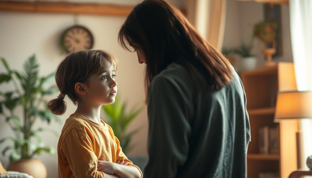 A warm and inviting scene of empathetic dialogue between a young person and an adult. The foreground depicts the two figures facing each other, engaged in a thoughtful exchange, their body language conveying openness and understanding. The middle ground features a cozy, softly-lit indoor setting, with natural elements like plants and warm wood tones creating a calming atmosphere. The background subtly blurs, allowing the viewer to focus on the intimate connection between the individuals. The lighting is gentle, illuminating their expressions and fostering a sense of trust and mutual respect. The overall mood is one of care, empowerment, and the nurturing of personal growth. A warm and inviting scene of empathetic dialogue between a young person and an adult. The foreground depicts the two figures facing each other, engaged in a thoughtful exchange, their body language conveying openness and understanding. The middle ground features a cozy, softly-lit indoor setting, with natural elements like plants and warm wood tones creating a calming atmosphere. The background subtly blurs, allowing the viewer to focus on the intimate connection between the individuals. The lighting is gentle, illuminating their expressions and fostering a sense of trust and mutual respect. The overall mood is one of care, empowerment, and the nurturing of personal growth.