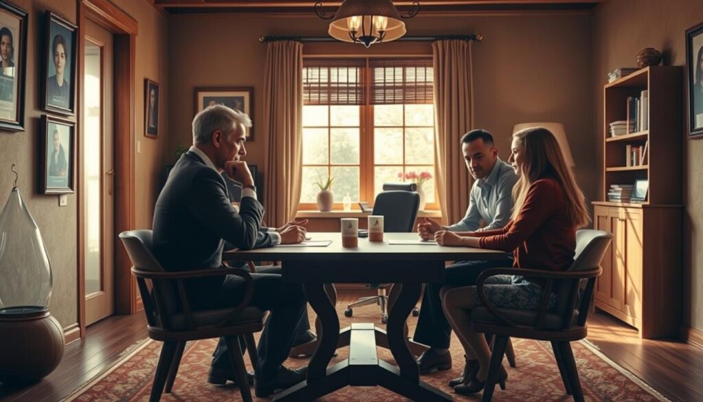 A warm, welcoming scene of two people engaged in mediation, seated across a wooden table in a cozy, well-lit office. The room has earthy tones, with a large window allowing natural light to stream in, creating a sense of openness and tranquility. The mediators, a man and a woman, are leaning forward, their expressions thoughtful and attentive, as they guide the participants through the process. The atmosphere is one of collaboration and mutual understanding, with a subtle hint of success and resolution in the air.