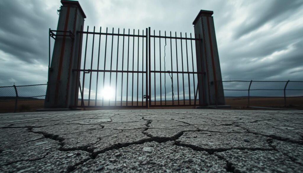 Barreras para la CNV: a towering steel gate, its rusted bars casting long shadows across a desolate landscape. In the foreground, a cracked and weathered concrete foundation, a symbol of the obstacles that stand in the way of effective communication. The sky is overcast, the mood somber and pensive, reflecting the challenges that must be overcome. The scene is captured through the lens of a wide-angle camera, emphasizing the scale and magnitude of the barriers. Subtle backlighting from a single beam of light illuminates the gate, hinting at the possibility of breaking through, of finding a way forward. Barreras para la CNV: a towering steel gate, its rusted bars casting long shadows across a desolate landscape. In the foreground, a cracked and weathered concrete foundation, a symbol of the obstacles that stand in the way of effective communication. The sky is overcast, the mood somber and pensive, reflecting the challenges that must be overcome. The scene is captured through the lens of a wide-angle camera, emphasizing the scale and magnitude of the barriers. Subtle backlighting from a single beam of light illuminates the gate, hinting at the possibility of breaking through, of finding a way forward.