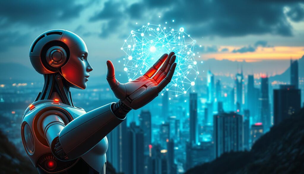 Dramatic landscape depicting the future of AI and Nonviolent Communication. In the foreground, a sleek humanoid robot extends a hand in a gesture of compassion, its metallic frame illuminated by a warm, ambient glow. In the middle ground, a vibrant visualization of neural networks and data flows pulsates, representing the advanced AI systems that enable nuanced, empathetic dialogue. The background reveals a futuristic cityscape, where towering skyscrapers and holograms coexist in harmony, symbolizing the integration of AI and Nonviolent Communication for a more connected, peaceful world. The scene is bathed in a soft, dreamy light, conveying a sense of wonder and optimism about the potential of this emerging trend. Dramatic landscape depicting the future of AI and Nonviolent Communication. In the foreground, a sleek humanoid robot extends a hand in a gesture of compassion, its metallic frame illuminated by a warm, ambient glow. In the middle ground, a vibrant visualization of neural networks and data flows pulsates, representing the advanced AI systems that enable nuanced, empathetic dialogue. The background reveals a futuristic cityscape, where towering skyscrapers and holograms coexist in harmony, symbolizing the integration of AI and Nonviolent Communication for a more connected, peaceful world. The scene is bathed in a soft, dreamy light, conveying a sense of wonder and optimism about the potential of this emerging trend.