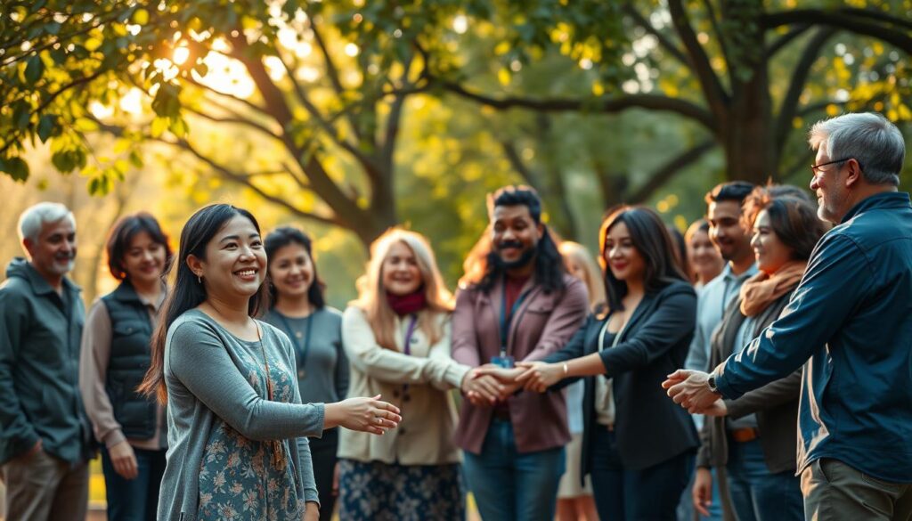 A diverse group of individuals standing together in a park, symbolizing empathy and social justice. In the foreground, a young woman of Asian descent is engaging with an elderly man, both smiling warmly at each other, representing intergenerational connection. In the middle ground, various people of different ethnicities are holding hands, united in a circle, showcasing solidarity and support. The background features leafy trees and warm sunlight filtering through branches, creating a serene atmosphere. The overall mood is hopeful and uplifting, embodying the spirit of community and cooperation. Use soft, natural lighting to enhance the emotional tone, and ensure a wide-angle perspective capturing the interconnectedness of the group without text or markings. A diverse group of individuals standing together in a park, symbolizing empathy and social justice. In the foreground, a young woman of Asian descent is engaging with an elderly man, both smiling warmly at each other, representing intergenerational connection. In the middle ground, various people of different ethnicities are holding hands, united in a circle, showcasing solidarity and support. The background features leafy trees and warm sunlight filtering through branches, creating a serene atmosphere. The overall mood is hopeful and uplifting, embodying the spirit of community and cooperation. Use soft, natural lighting to enhance the emotional tone, and ensure a wide-angle perspective capturing the interconnectedness of the group without text or markings.
