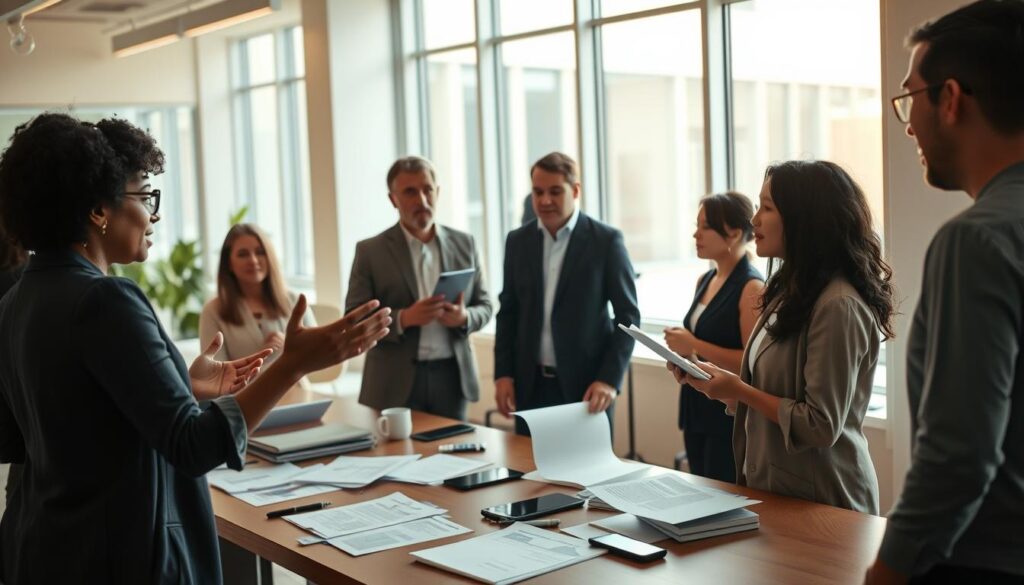 A diverse group of professionals engaged in a lively discussion in a bright, modern office environment. In the foreground, a confident woman of African descent gestures passionately while standing beside a table filled with documents and digital devices, emphasizing effective communication. In the middle ground, a middle-aged Caucasian man listens intently, while a young Asian woman takes notes, showcasing collaboration. In the background, large windows let in natural light, illuminating the space with a warm glow. The atmosphere is dynamic and energizing, reflecting a sense of transformation and teamwork. Use a wide-angle lens to capture the depth of the scene, with soft focus on the background to highlight the main subjects.