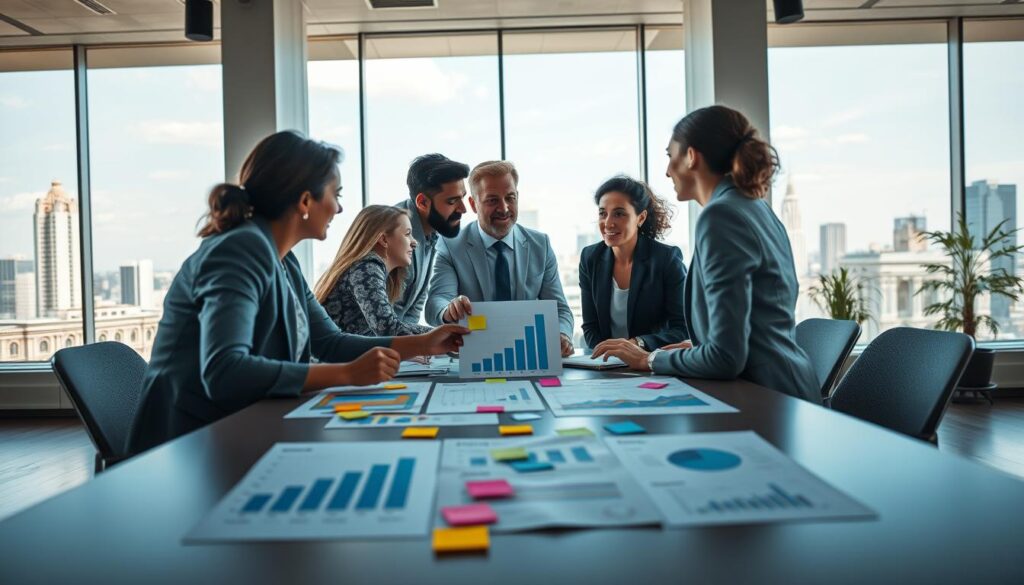 A diverse group of professionals in business attire actively engaging in a brainstorming session around a large table, symbolizing social impact and collaborative change. In the foreground, there are charts and graphs showcasing metrics of social change, with colorful sticky notes scattered about. The middle layer features individuals discussing passionately, reflecting determination and hope, with one person pointing at a graph highlighting positive outcomes. The background shows a large window with city views, allowing natural light to flood the room, creating an atmosphere of optimism and productivity. The overall mood is energetic, inspiring, and focused on progress and measurable impact in social change initiatives. The composition should be balanced and visually engaging, with a clear depth of field emphasizing the interaction.