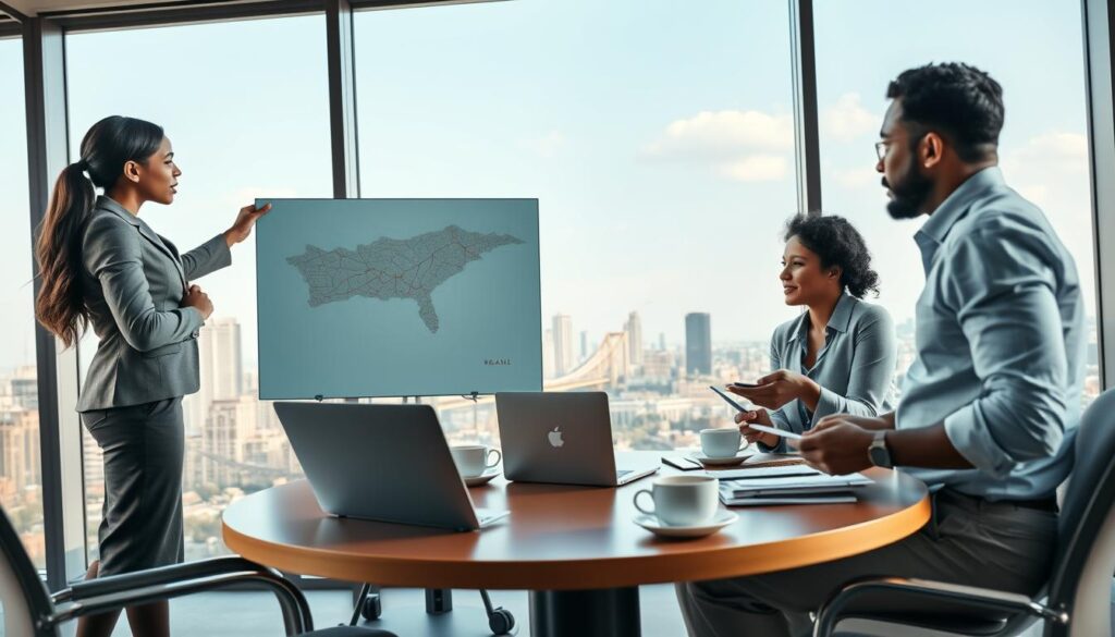 A dynamic scene depicting a diverse group of professionals engaged in a strategic planning meeting focused on public policy and social transformation. In the foreground, a well-dressed woman points to a large digital map displayed on a screen, while two men, one of Asian descent and the other Black, take notes attentively. In the middle ground, a round table with laptops, documents, and coffee cups suggests collaboration. The background features a large window with a view of a city skyline, symbolizing growth and progress. Soft, natural lighting enhances the atmosphere, fostering a sense of urgency and hope. The image should capture a mood of determination and innovation, as these individuals work together to impact their community positively.