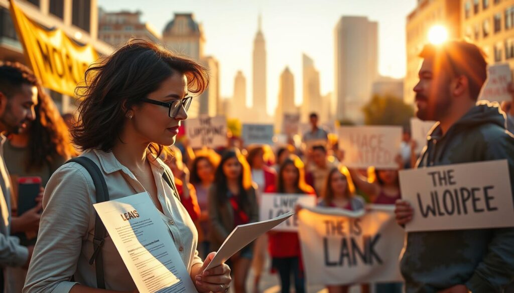 A dynamic scene illustrating social movement, featuring a diverse group of people engaged in constructive dialogue. In the foreground, a woman in professional attire passionately presents her ideas on a poster, while a man in casual clothing listens attentively. The middle ground showcases a gathering of individuals holding banners with uplifting messages, symbolizing unity and progress. In the background, a vibrant cityscape reflects a hopeful atmosphere, bathed in warm, golden sunlight. Soft focus highlights on the faces of the participants, capturing their enthusiasm and determination. The image is taken from a slightly elevated angle to create depth, and a gentle lens flare adds an inspiring, optimistic mood to the overall composition.