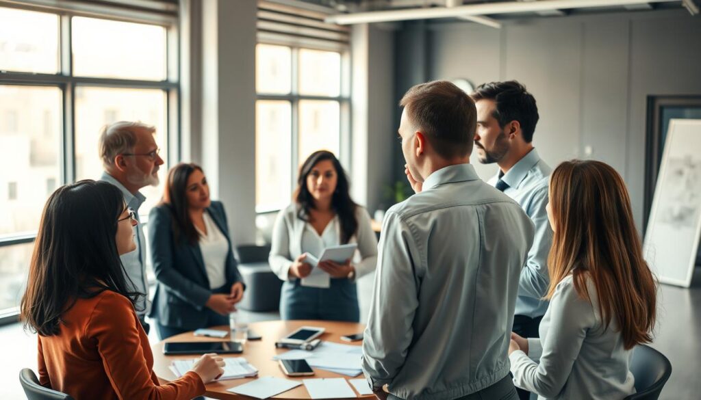 A professional leader in a modern office setting, demonstrating active listening skills. In the foreground, a diverse group of individuals engaged in a focused discussion, with body language reflecting attentiveness and respect. One leader, dressed in professional business attire, leans slightly forward, maintaining eye contact with the speaker, showcasing empathy and understanding. In the middle ground, a round table strewn with notes and digital devices, symbolizing collaboration and open communication. The background features soft-focused windows allowing warm, natural light to flood the room, creating an inviting and balanced atmosphere. The mood is one of engagement and mutual respect, emphasizing the power of active listening in leadership. A wide-angle perspective captures the dynamic of the group without any text or distractions. A professional leader in a modern office setting, demonstrating active listening skills. In the foreground, a diverse group of individuals engaged in a focused discussion, with body language reflecting attentiveness and respect. One leader, dressed in professional business attire, leans slightly forward, maintaining eye contact with the speaker, showcasing empathy and understanding. In the middle ground, a round table strewn with notes and digital devices, symbolizing collaboration and open communication. The background features soft-focused windows allowing warm, natural light to flood the room, creating an inviting and balanced atmosphere. The mood is one of engagement and mutual respect, emphasizing the power of active listening in leadership. A wide-angle perspective captures the dynamic of the group without any text or distractions.
