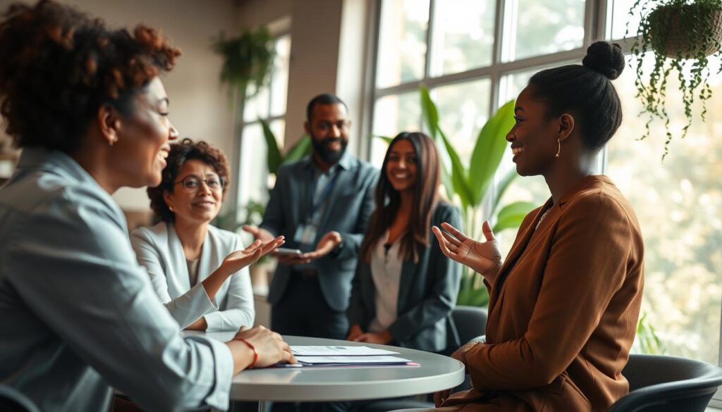 A serene and focused workshop setting, featuring a diverse group of six professionals engaged in active listening exercises. In the foreground, two women of different ethnicities are sitting at a round table, one is leaning forward with an attentive expression while the other is speaking with earnestness. In the middle ground, a man gestures positively, encouraging participation from another woman who is listening intently, showing her thoughtful engagement. The background depicts a cozy room with large windows, natural light streaming in, and plants adding to the warm atmosphere. Soft, diffused lighting enhances the mood of collaboration and openness. The scene captures a spirit of community and mutual respect, emphasizing the power of active listening in a professional context. A serene and focused workshop setting, featuring a diverse group of six professionals engaged in active listening exercises. In the foreground, two women of different ethnicities are sitting at a round table, one is leaning forward with an attentive expression while the other is speaking with earnestness. In the middle ground, a man gestures positively, encouraging participation from another woman who is listening intently, showing her thoughtful engagement. The background depicts a cozy room with large windows, natural light streaming in, and plants adding to the warm atmosphere. Soft, diffused lighting enhances the mood of collaboration and openness. The scene captures a spirit of community and mutual respect, emphasizing the power of active listening in a professional context.