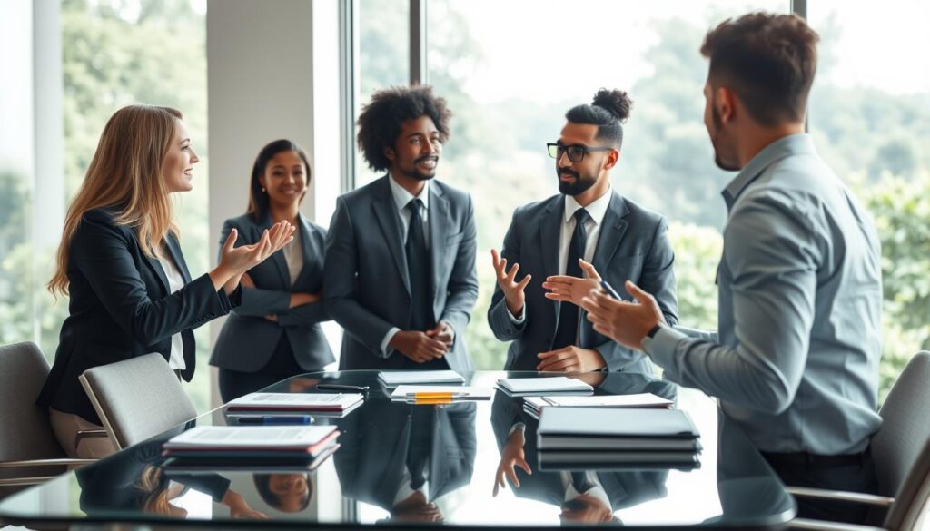 A serene conference room setting bathed in soft, natural light. In the foreground, a diverse group of three professionals engaged in a dynamic discussion, each wearing smart business attire. One individual is gesturing warmly, illustrating an idea, while the others listen intently, showcasing active empathy. In the middle ground, a large glass table cluttered with notepads, pens, and a laptop suggests collaboration. The background reveals a large window overlooking a lush green landscape, symbolizing growth and connection. The atmosphere is calm and focused, evoking a sense of trust and open communication that embodies conscious leadership and Nonviolent Communication (CNV). The image should be captured with a slightly blurred background to emphasize the interaction in the foreground, utilizing a 50mm lens for a natural depth of field. A serene conference room setting bathed in soft, natural light. In the foreground, a diverse group of three professionals engaged in a dynamic discussion, each wearing smart business attire. One individual is gesturing warmly, illustrating an idea, while the others listen intently, showcasing active empathy. In the middle ground, a large glass table cluttered with notepads, pens, and a laptop suggests collaboration. The background reveals a large window overlooking a lush green landscape, symbolizing growth and connection. The atmosphere is calm and focused, evoking a sense of trust and open communication that embodies conscious leadership and Nonviolent Communication (CNV). The image should be captured with a slightly blurred background to emphasize the interaction in the foreground, utilizing a 50mm lens for a natural depth of field.