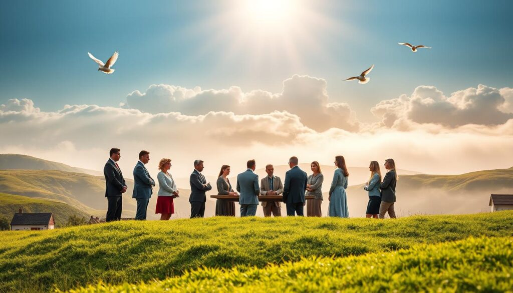 A serene landscape in the Basque Country symbolizes peace, featuring rolling green hills and traditional Basque architecture in the foreground. A diverse group of people, including men and women dressed in professional business attire and modest casual clothing, engage in a thoughtful discussion around a wooden table, indicating collaboration and dialogue. In the middle ground, soft sunlight filters through rolling clouds, casting a warm glow on the scene, while doves fly in the background, representing hope and tranquility. The atmosphere is peaceful yet focused, embodying the spirit of conflict resolution and social peace. Capture the composition with a shallow depth of field to emphasize the foreground conversation, using natural lighting to enhance the mood.