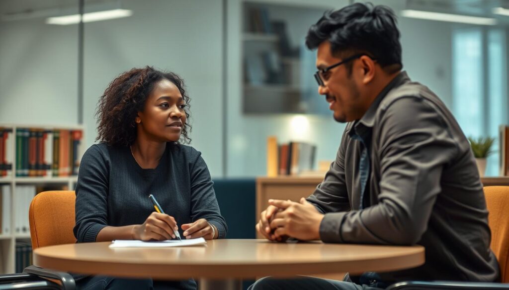 A serene office environment illustrating the concept of "active listening" through a diverse group of individuals engaged in a constructive dialogue. In the foreground, a woman of African descent and a man of Asian descent are sitting at a round table, leaning slightly toward each other, with thoughtful expressions. Capture their body language reflecting attentiveness, with one person taking notes. In the middle, a subtle hint of soft lighting illuminates their faces, enhancing the warmth of the interaction. In the background, soft-focus images of books on communication and dialogue create a scholarly atmosphere. The overall mood should convey understanding, respect, and a collaborative spirit, emphasizing the importance of nonviolent communication tools. The angle should be slightly elevated, allowing viewers to feel a part of this meaningful exchange.