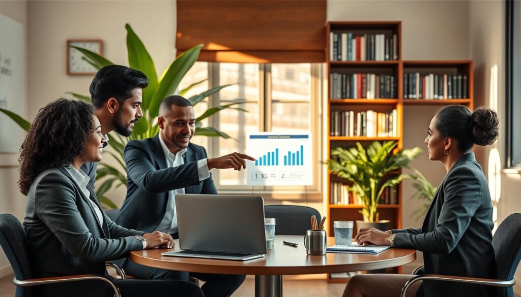 A serene office environment showcasing the concept of "evaluación del impacto del liderazgo consciente." In the foreground, a diverse group of three business professionals, dressed in smart business attire, engage in a thoughtful discussion around a round table. One person points to a presentation on a laptop displaying charts and graphs that illustrate leadership impact. In the middle, a large window lets in warm, natural light, casting soft shadows across the room, enhancing a calm atmosphere. The background features lush green plants and a bookshelf filled with motivational books, symbolizing growth and knowledge. The overall mood is one of collaboration and introspection, emphasizing mindful leadership and non-violent communication principles, with a soft focus on the expressions of engagement and concentration. A serene office environment showcasing the concept of "evaluación del impacto del liderazgo consciente." In the foreground, a diverse group of three business professionals, dressed in smart business attire, engage in a thoughtful discussion around a round table. One person points to a presentation on a laptop displaying charts and graphs that illustrate leadership impact. In the middle, a large window lets in warm, natural light, casting soft shadows across the room, enhancing a calm atmosphere. The background features lush green plants and a bookshelf filled with motivational books, symbolizing growth and knowledge. The overall mood is one of collaboration and introspection, emphasizing mindful leadership and non-violent communication principles, with a soft focus on the expressions of engagement and concentration.