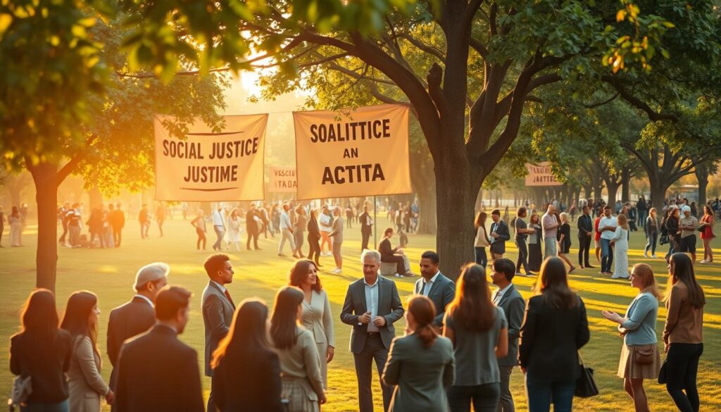 A serene park scene representing peaceful activism. In the foreground, a diverse group of individuals dressed in professional business attire gathers in a circle, exchanging ideas and listening intently. In the middle ground, banners promoting social justice and dialogue hang between trees, softly rustling in a light breeze. The background features people of various ages and ethnicities engaging in discussions, demonstrating unity and collaboration. The lighting is warm and golden, suggesting a late afternoon sun, casting soft shadows on the ground. The angle is slightly elevated, capturing both the participants and the expansive green park around them, creating a mood of hope, harmony, and positivity, emphasizing the benefits of peaceful activism.
