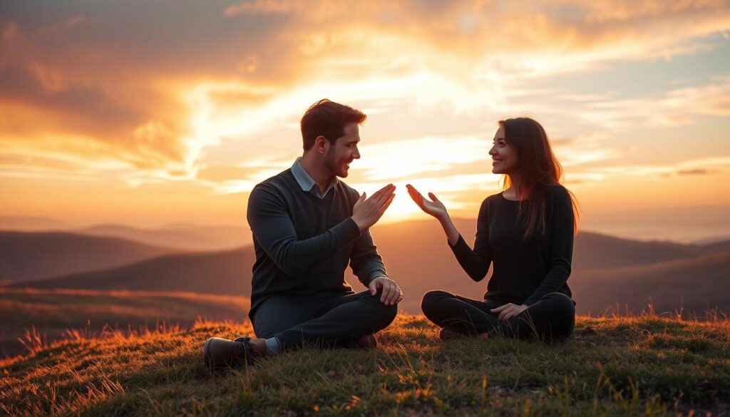 A serene scene depicting human connection and spirituality, with two individuals—one man and one woman—sitting cross-legged on a grassy hilltop at sunset. In the foreground, they are gazing softly into each other’s eyes, their hands nearly touching, symbolizing a deep emotional bond. Their attire is modest and professional, reflecting a sense of tranquility. In the middle ground, gentle rolling hills fade into the distance, bathed in warm golden and pink hues of the sunset, enhancing the mood of warmth and intimacy. The background features a vibrant sky with wispy clouds, creating a peaceful yet uplifting atmosphere. Soft, diffused lighting accentuates their expressions, adding to the spiritual ambiance of the moment. The angle is slightly elevated, capturing both the subjects and the expansive view around them.