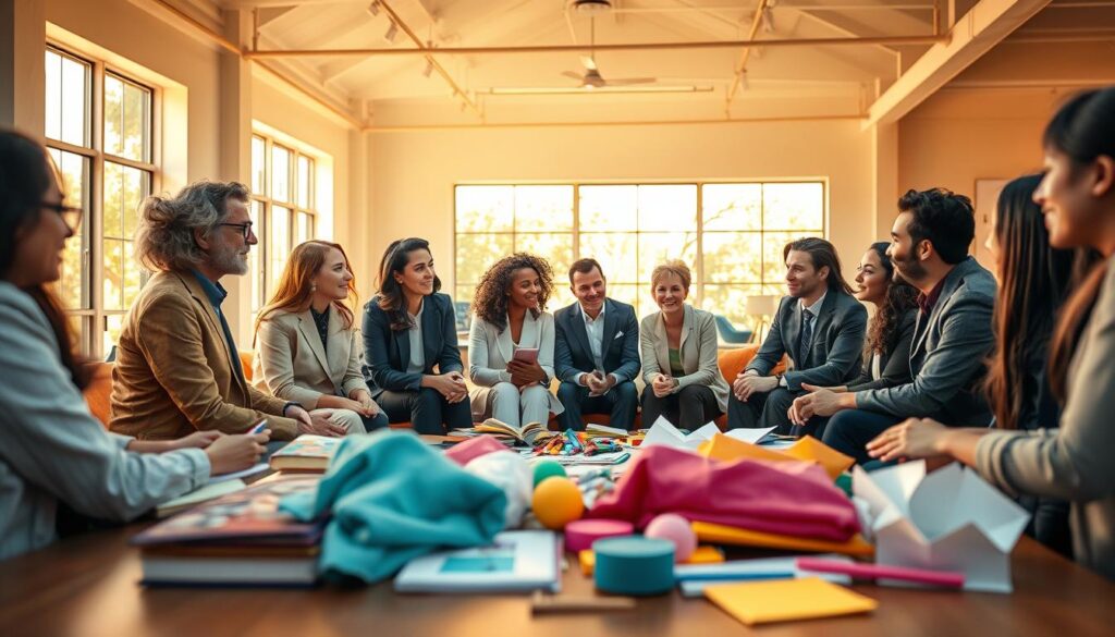 A vibrant scene illustrating "tools for developing empathy." In the foreground, a diverse group of people, dressed in professional attire, are sitting in a circle sharing ideas, their expressions showing focus and understanding. In the middle ground, soft, colorful materials representing various empathy-building resources, like books, art supplies, and communication tools, are scattered on a table. In the background, a bright, open room with large windows allows warm sunlight to flood in, creating an inviting, uplifting atmosphere. The overall mood is collaborative and inspiring, emphasizing connection and growth. Capture this scene from a slightly elevated angle to give a broader view of the interaction. A vibrant scene illustrating "tools for developing empathy." In the foreground, a diverse group of people, dressed in professional attire, are sitting in a circle sharing ideas, their expressions showing focus and understanding. In the middle ground, soft, colorful materials representing various empathy-building resources, like books, art supplies, and communication tools, are scattered on a table. In the background, a bright, open room with large windows allows warm sunlight to flood in, creating an inviting, uplifting atmosphere. The overall mood is collaborative and inspiring, emphasizing connection and growth. Capture this scene from a slightly elevated angle to give a broader view of the interaction.