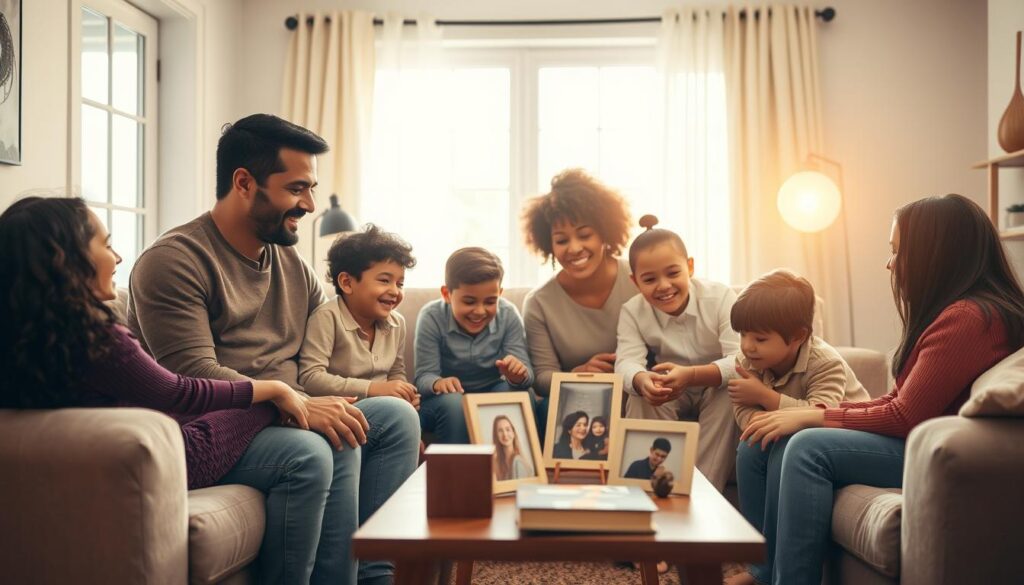 A warm and inviting scene depicting a strong emotional connection among a diverse family gathered in a cozy living room. In the foreground, two parents sit on a soft, plush sofa, smiling warmly at their children, who are engaging in a playful activity together. The middle includes a coffee table adorned with family photographs and a few books, creating a homely ambiance. In the background, a window lets in soft, natural light, illuminating the space with a golden hue, enhancing the sense of warmth and togetherness. The atmosphere is filled with joy and intimacy, evoking a feeling of familial love and cooperation. Use a wide-angle lens to capture the entire scene, focusing on the expressions of connection and harmony among the family members.