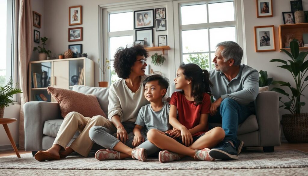 A warm, inviting family scene in a cozy living room, focusing on a diverse family of four engaged in a heartfelt discussion. The foreground features a mother and father, both in modest casual clothing, sitting on a comfortable couch, leaning towards each other with attentive expressions. In the middle, their two children, a boy and a girl, sit cross-legged on the floor, eagerly participating in the conversation, showcasing an atmosphere of empathy and understanding. Soft, natural light filters through a large window in the background, illuminating their relaxed surroundings filled with family photos and plants. The mood is harmonious and supportive, emphasizing connection and open communication. A wide-angle lens captures the entire scene, highlighting the closeness and warmth among family members. A warm, inviting family scene in a cozy living room, focusing on a diverse family of four engaged in a heartfelt discussion. The foreground features a mother and father, both in modest casual clothing, sitting on a comfortable couch, leaning towards each other with attentive expressions. In the middle, their two children, a boy and a girl, sit cross-legged on the floor, eagerly participating in the conversation, showcasing an atmosphere of empathy and understanding. Soft, natural light filters through a large window in the background, illuminating their relaxed surroundings filled with family photos and plants. The mood is harmonious and supportive, emphasizing connection and open communication. A wide-angle lens captures the entire scene, highlighting the closeness and warmth among family members.