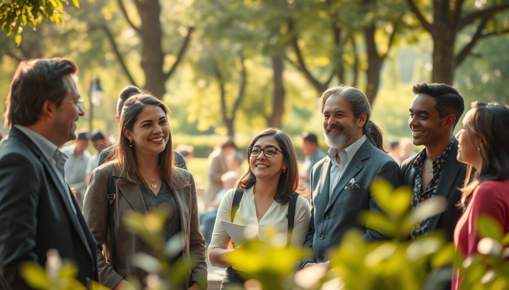 A warm, inviting scene capturing the essence of practicing empathy in daily life. In the foreground, a diverse group of individuals, dressed in professional business attire or modest casual clothing, are engaging in a meaningful conversation, their expressions conveying understanding and kindness. In the middle, a communal setting like a park or a bustling café creates a lively backdrop, where other groups are seen sharing experiences and listening attentively. The background features soft greenery and gentle sunlight filtering through the trees, creating a peaceful ambiance. Use a shallow depth of field to focus on the emotions of the people in the foreground while softly blurring the vibrant activity behind them. The mood is uplifting and harmonious, embodying the theme of connection and community. A warm, inviting scene capturing the essence of practicing empathy in daily life. In the foreground, a diverse group of individuals, dressed in professional business attire or modest casual clothing, are engaging in a meaningful conversation, their expressions conveying understanding and kindness. In the middle, a communal setting like a park or a bustling café creates a lively backdrop, where other groups are seen sharing experiences and listening attentively. The background features soft greenery and gentle sunlight filtering through the trees, creating a peaceful ambiance. Use a shallow depth of field to focus on the emotions of the people in the foreground while softly blurring the vibrant activity behind them. The mood is uplifting and harmonious, embodying the theme of connection and community.